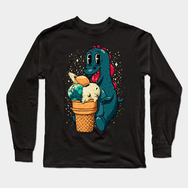 Treat Yo Self - Baby Dino Eating Triple Planet Scoop Ice Cream Cone Long Sleeve T-Shirt by anycolordesigns